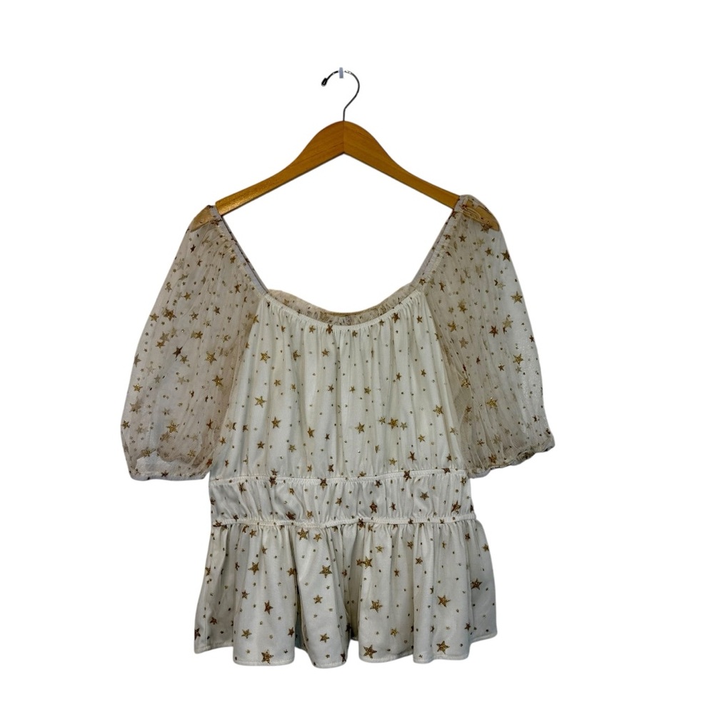 Arula Peasant Milk‎ Maid Top Off Shoulder Mesh Puff Sleeve Stars Off White Sz 0X
